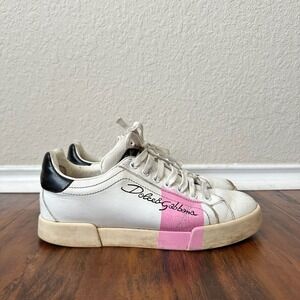 DOLCE & GABBANA Portofino Low Top Sneakers in White / Pink Leather